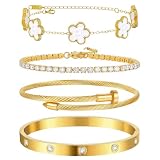 XIWCAFC 4 Piezas Pulsera de Trébol de Cuatro Hojaspara Mujer Pulseras Apilables Chapadas Oro 18 Quilates Pulseras Cadena Circón Ajustables Juego Pulseras Joyería para Mujer (blanco)