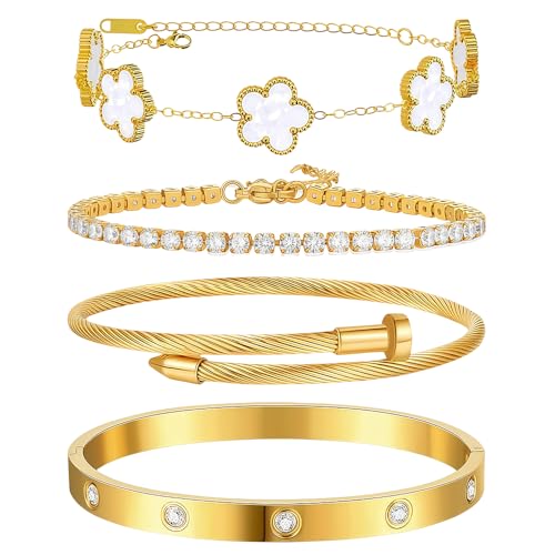 Image of XIWCAFC 4 Pcs 18K Gold Plated Bracelets for Women Clove Bracelet Set Stackable Four Leaf Clover Gold Bracelet Bangles Set for Womens Ladies Jewellery Birthday Party Valentines Christmas (White)