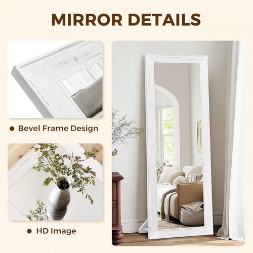 Image of 65x22in Full Length Mirror, Rustic White Beveled Wood Frame
