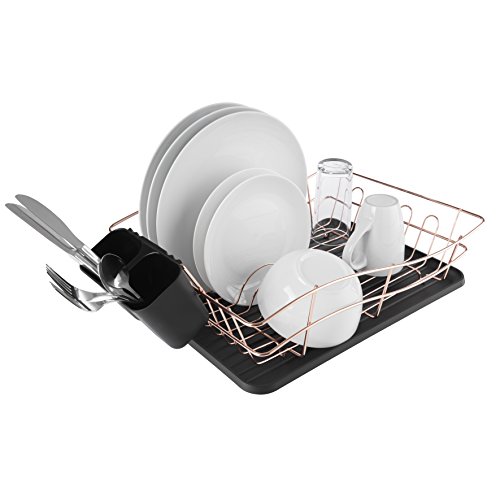 Tower Dish Rack with Tray and 2 Removable Cutlery Holders, Stainless Steel, Black and Rose Gold, Large