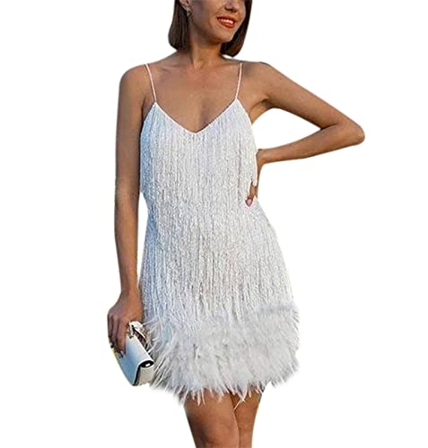 Damen Clubbing Kleider V Ausschnitt Cocktailkleid für Frauen Spaghetti Quaste Feder Näht Kleid Vintage Layered Fransen Clubbing Kleid