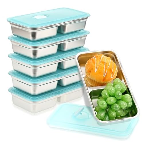 Rainmae 6 Pcs 304 Stainless Steel Bento Boxes, 30 oz 2 Compartments Food Storage Containers Snack Boxes with Leakproof Lids, Divided Meal Prep Lunch Box Food Container Dishwasher Safe