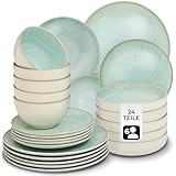 tectake® 24 teiliges Tafelservice 6 Personen, Steingut Geschirrset 6 Personen, handgefertigtes Teller Set mit Schüsseln, Geschirr Set spülmaschinen  und mikrowellengeeignet   Mid Sea