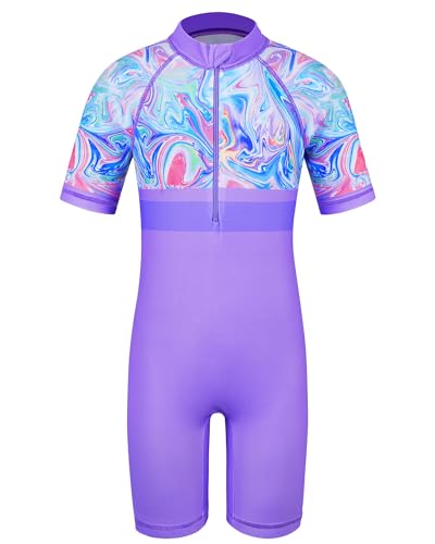 Image of TFJH E 1PCS Girls Short Sleeve Swimsuits UV 50+ Bathing Suits Sunsuits Zipper 2-14Y
