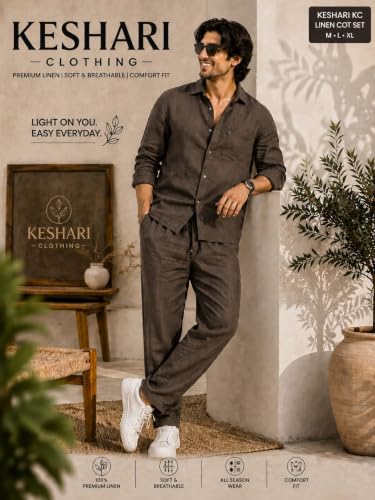 Image of Men's Premium Linen Co-Ord Set | Regular Fit Full Sleeve Solid Shirt with Drawstring Trouser | Breathable Linen Casual Outfit for Summer, Travel, Beach, Vacation & Daily