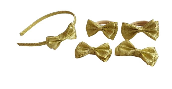 Belleza Crafting with Creativity Hair Accessories Set-5/ Bow Hairband with Bow Hairclip and Bow Ponytail Band/Combo Set for Girls Pattern1 (Golden SHDD1)