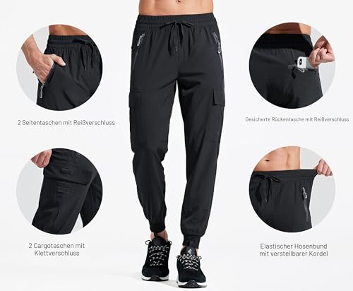 Libin Jogginghose Herren Leichte Wanderhose Cargohose Outdoorhose Trekkinghose Stretch Schnelltrocknend Freizeithose Sporthose Running Trainingshose mit Taschen, Schwarz M