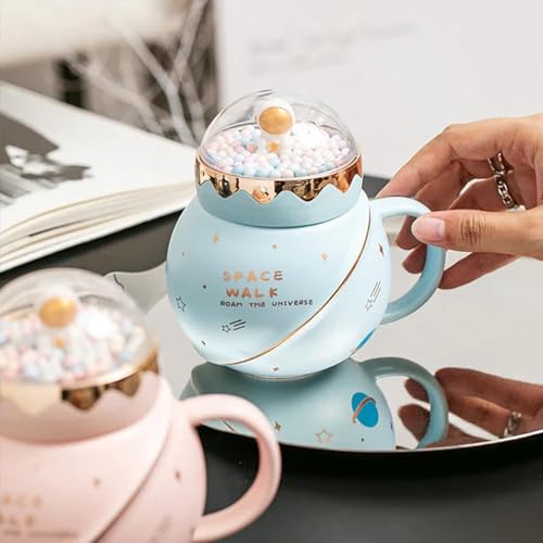 Image of KRESHU Space Walk Astronaut Ceramic Coffee Mug | Galaxy Planet Theme Tea Cup with Airtight Pearl Lid, Cute Bubbles Design, Heavy Quality Milk Coffee Mug for Kids (Multi, 1-pcs)