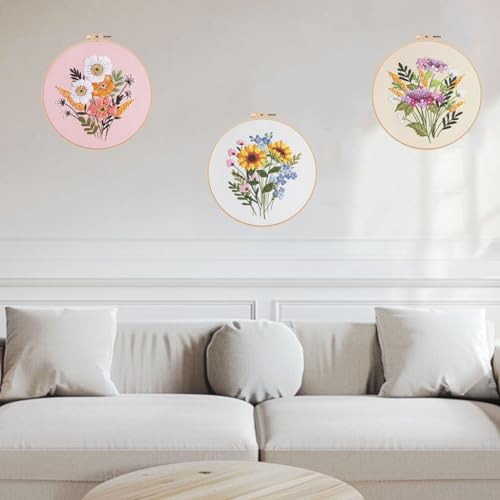 Image of Offizon 3 PCS Embroidery Kit for Beginners Stamped FlowerB Pattern | Cross Stitch DIY Craft Set, Hoop Included, Flower Embroidery Accessories, Stitching Sewing Kit Gift for Adults