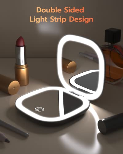 Benbilry Rechargeable Compact Makeup Mirror With Lights And Magnification 1X / 10X, Double Light Strip Dimmable Travel Makeup Mirror With 3 Light Colors Mini Magnetic Closing Pocket Mirror For Women #TOP6