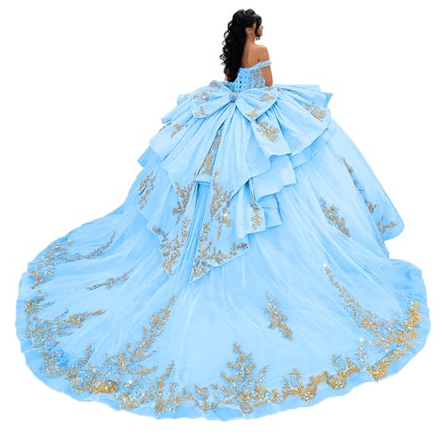 Ftupza Glitter Tulle Sweet 16 Dress Sky Blue Quince Dress with Bow 24