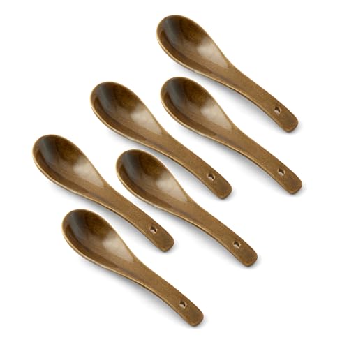Image of Clay Craft Fine Ceramic 18-Piece Soup Bowl Set | 6 Soup Bowls, 6 Spoons & 6 Under Plates | Striped Glossy Design | 350 Ml | Microwave & Dishwasher Safe | for Serving Soup & Snacks | Golden Brown