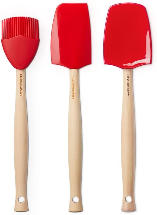 Le Creuset Craft 3-Piece Utensil Set, Medium Spatula/Large Spoon/Basting Brush, Silicone, Cerise, 42830000600007
