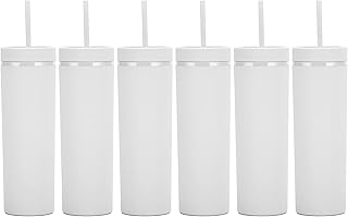 Matte White Tumblers with Lids and Straws.16oz Skinny Tumblers Bulk.Reusable Double Walled Insulated Travel Tumblers.Plast...