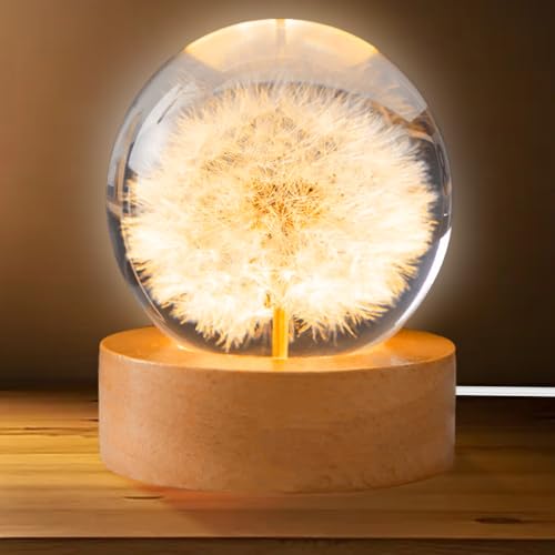 Sfera di cristallo, luce notturna, 6 cm, fiore di leone, lampada da notte con base in legno USB, ideale come regalo per la casa, decorazione da tavolo
