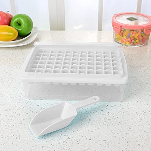 Eiswürfelform Eiswürfelbehälter mit Deckel Eiswürfel Form Eisbox mit Eisschaufel, Doppelschicht Kunststoff Eiswürfelbox, Ice Cube Tray Eiswürfelformen mit EiswürfelSchaufel mini klein 77Fach Cover
