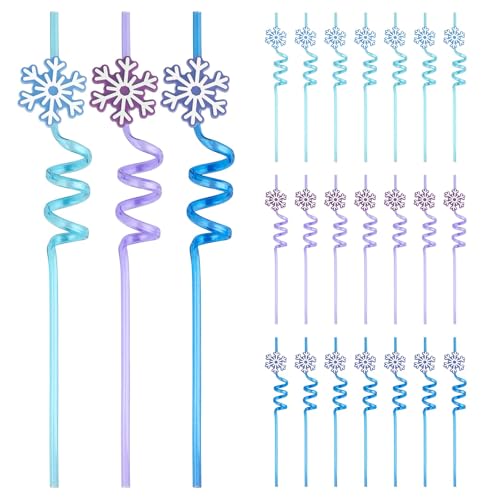Lot de 24 pailles réutilisables en forme de flocon de neige en plastique pour fête d'anniversaire sur le thème de la Reine des Neiges, décorations de fête d'hiver et cadeaux de fête pour enfants et