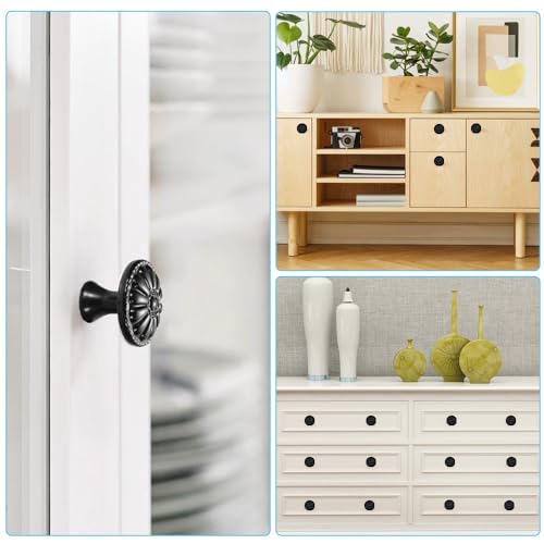 NAROSEBE 20 Stück Möbelknöpfe Schwarz Matt Schubladenknöpfe 30MM Schrankknöpfe Vintage Blumen Kommodenknöpfe Schwarz Schrankknäufe Küchenknöpfe Vintage Rund schrankknopf für Möbel Kommode