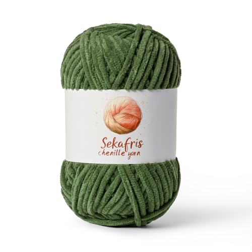 Image of Chenille Yarn for Crocheting, Size 5 Bulky,Army Green | 100g /131yds Soft Chunky Velvet Yarn for Crochet and Knitting,Fluffy Baby Yarn for Amigurumi,Blankets and DIY Crafts.