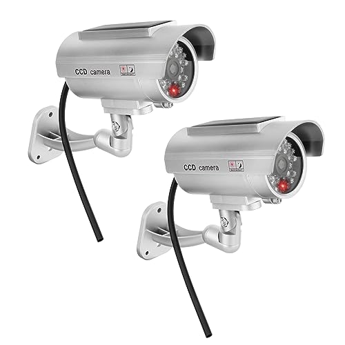 Twilight Garage 2 Packs Dummy Camera Waterproof Bullet Simulated CCTV Fake Security Camera with Flashing Red LED Light & Warning Security Alert Sticker, Indoor Outdoor Use(Silver)