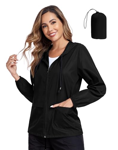 JTANIB Women's Raincoat Waterproof Windbreaker Hooded Lightweight Packable Rain Jacket with Back Zipper Coats S-XXL