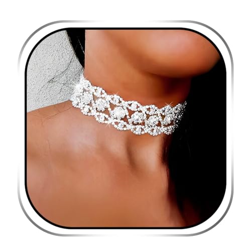 Handcess Rhinestone Choker Necklace Silver Sparkly Crystal Necklaces Bride Wedding Necklace Jewelry for Women