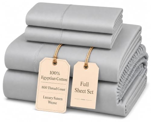 Image of Egyptian Cotton Sheets Full Size Bed Set, 4PC Cotton Full Sheet Set -Silver | 15 inch Deep Pocket 800 TC Soft Breathable Sateen Weave elasticized Fitted Sheet & Pillowcase Sets, No Pill, Machine Washable