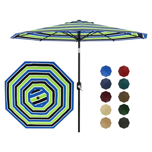 Patio Umbrella 9ft, Table Umbrella Outdoor Patio UV Protection with Crank Lift & Push Button Tilt, 8 Sturdy Ribs for Yard, Deck, Pool - Tricolor Stripe