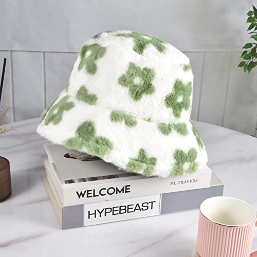 Yonchic Winter Soft Faux Fur Plush Bucket Hat, Lovely Flower Shape Fisherman Cap, Fashion Outdoor Thick Warm Sun Cap For Women (Green) #TOP6