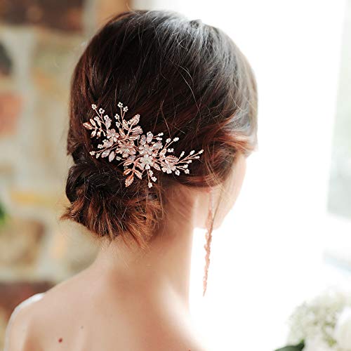 HapiBuy Wedding Hair Comb Rose Gold Crystal Simulated Pearl Bridal Hair Comb For Bride and Bridesmaid