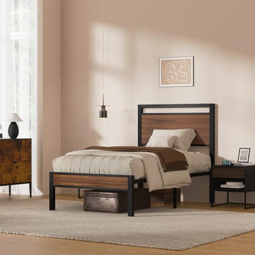Image of Z-hom Twin Metal Bed Frame with Wooden Headboard and Footboard, Heavy Duty Platform Frame with Mrtal Slats, No Box Spring Needed, Quiet and Non-Slip Design, Saving Space for Small Bedroom,Walnut