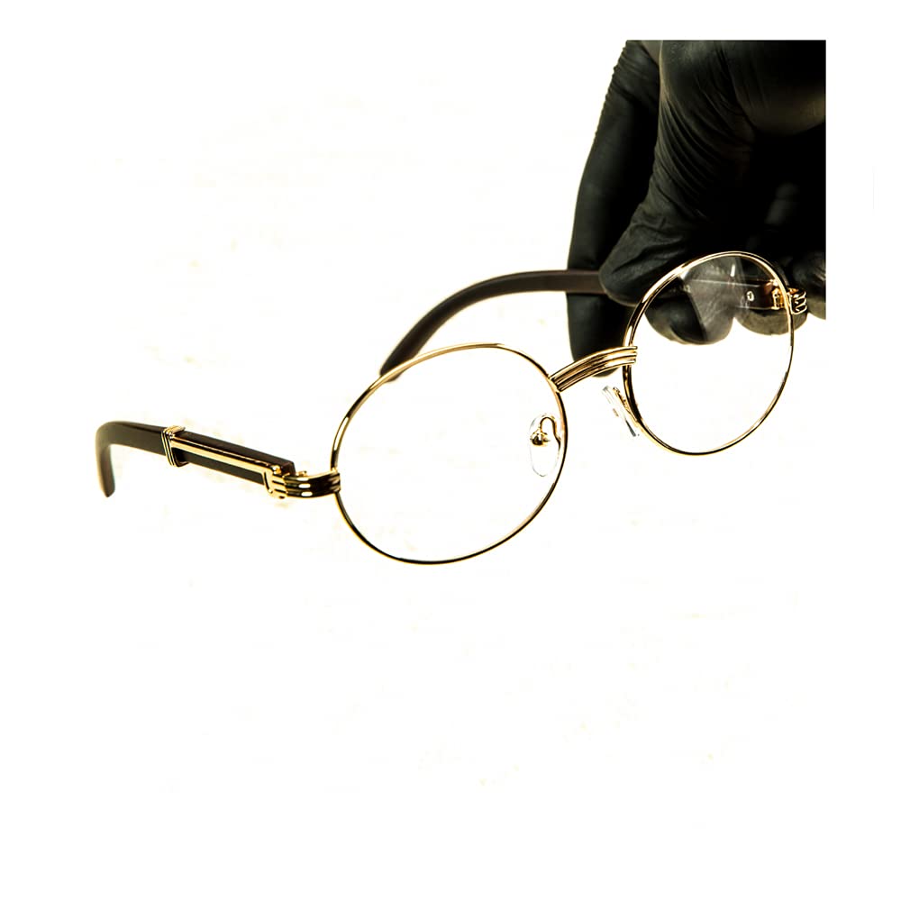 Men's Women's Classic Oval Woodgrain Arm Vintage Narrow Nerd Retro 90's Circle Hip Hop Clear Tint Glasses Round Gold Frame Non Prescription Woodgrain Clear Lens Eye Glasses