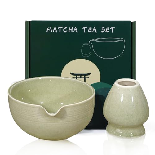 TourKing 560ml/19.71oz Matcha Bowl Set, Matcha Whisk Holder, Matcha Kit, Japanese Tea Set Includes Matcha Bowl with Spout, Tea Green Glaze Ceramic Matcha Kit for Matcha Lovers