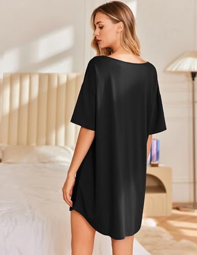 Image of Ekouaer Nightgowns for Women Bamboo Viscose Sleepshirt Short sleeve Nightshirt V Neck T shirt Night gown Boyfriend Sleepwear