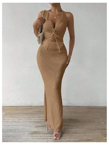 Image of SOLY HUX Women's Two Piece Outfits Twist Front Halter Cami Tops and Skirt Summer Set