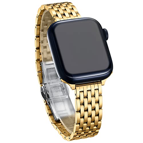 Thin & Feminine Bands for Apple Watch Series 8 7 6 5 4 3 2 1, Stainless Steel Bands for Women For Apple Watch Gold 42mm 44mm 45mm Feminine Gold Shiny Polished Finishing