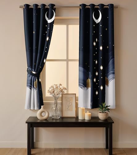 Image of Ultimate Trends Festival Themed Light Filtering Polyester Curtain Lanterns & Crescent Moon Print | Ideal for Festivals, Living Room Dcor | Eyelets|, 8 FEET (Pack of 1)