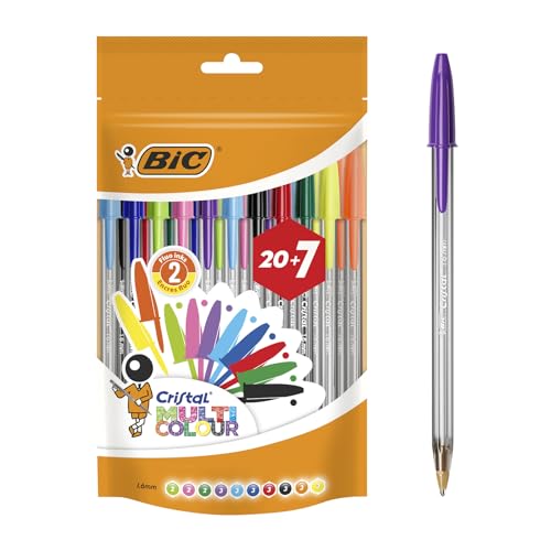 BIC Cristal Multicolour Stylos-Bille Pointe Large (1,6 mm) - Écriture Vive et Colorée - Couleurs Assorties, Pochette Refermable de 20+7