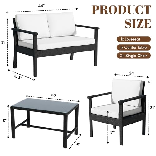 Image of DEVOKO Rattan & Wicker 4 Piece Outdoor Conversation Sofa for Balcony, Indoors Porch, Garden, Terrace Patio Furniture Set with Cushions and Center Table (Black and White), 78 cm, 101.6 cm, 53.3 cm