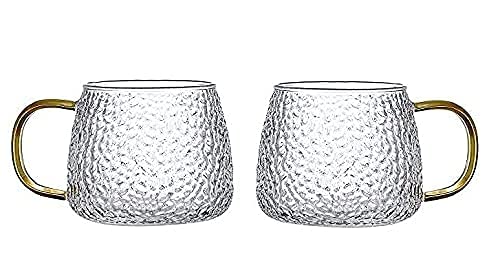 KriVat Glass Tea and Coffee Cup with Golden Handle, Transparent Glass Mugs Perfect for Drinking Whiskey Coffee, Milk, Tea, Juice, Beer or Hot Beverages Set of 2, Clear, 410ml 1