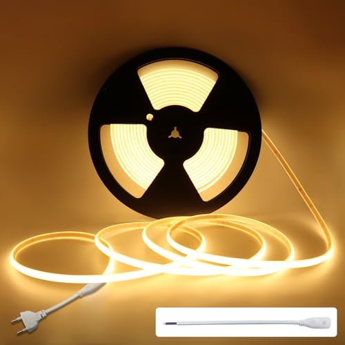 Ruban LED COB 220V Blanc Chaud 3000K, 10M Haute Densité 296 LEDs/m, Bandeau LED Extérieur IP67 Étanche avec Adhésif, IRC 90+, Flexible et Découpable, Éclairage Décoratif pour Plafond, Cuisine, Salon
