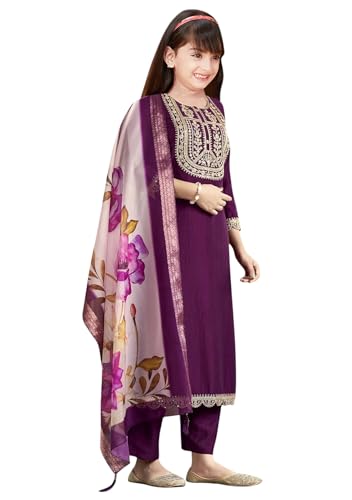 Image of Girls Ethnic Outfit | Embroidered Silk Girls Salwar Suit | Kurta Pant and Jacquard Dupatta Set