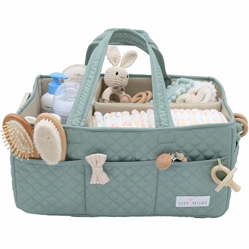 Image of Lily Miles Baby Diaper Caddy Organizer, Quilted Nursery Storage Basket for Newborn Essentials and Diaper Changing Station, Gift for Baby Shower and Registry Must-Have (Willow Green)