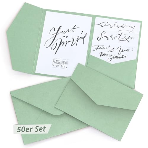 Japun - 50 Pocketfold blanko Kraft-Papier Karten inkl. Briefumschläge (DIN B6), Hochzeit, Einladung - grün