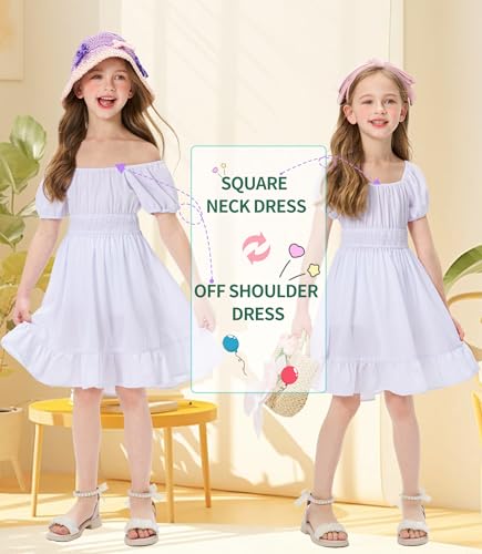 Girls Summer Tie Back Dress Kids Short Sleeve Ruffle Hem Off Shoulder Dresses 5-14 Years3