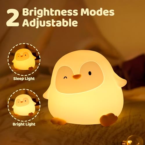 Image of Rytinazzz Silicone Night Light for Kids, 50H Long Battery Penguin Lamp, Gift for Kids, Rechargeable Tap Control, Soft Dimmable Bedside Light with Timer