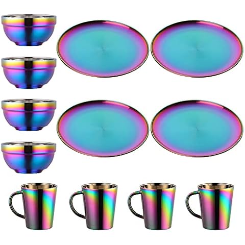 Teller- und Schüssel-Sets, Edelstahl-Geschirr, Schüsseln, Tassen, Küchengeschirr-Set für 4 (Regenbogen, 30 cm Teller/13 cm Schüssel/Tassen) Cover
