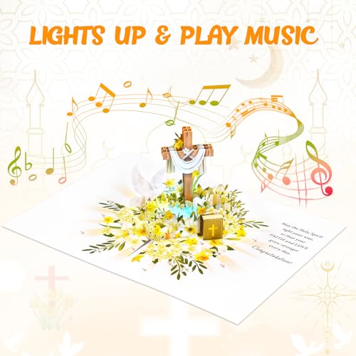 Image of VIVIKEN Confirmation Pop Up Card with Lights, 3D Musical Religious Cards