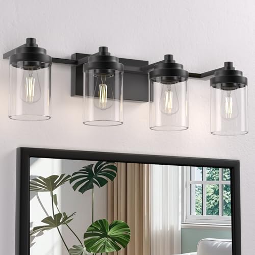 Esfos Bathroom Vanity Light Fixture, 4-Light Modern Black Vanity Light Fixtures with Clear Glass Shade, Matte Black Bathroom Light Fixtures Over Mirror, Rustic Restroom Lighting Fixtures