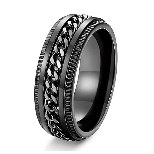 FIBO STEEL Stainless Steel 8mm Black Rings for Men Chain Rings Biker Grooved Edge,Spinner Ring with Chain Fidget Ring for Anxiety,Size 10 Black